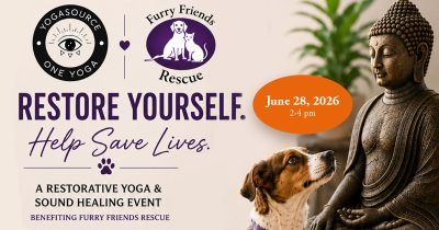 YogaSource One Yoga & Furry Friends Rescue, Restore Yourself. Help Save Lives. A Restorative Yoga & Sound Healing Event benefiting furry friends rescue | June 28, 2026, 2-4pm at YogaSource in Los Gatos