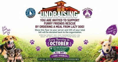 Flyer for the Furry Friends Rescue fundraising event at Lazy Dog Restaurant in Dublin, California, held every Thursday in October.