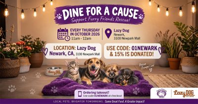 Furry Friends Rescue Dine for a Cause flyer for Lazy Dog Newark, CA at 3100 Newpark Mall. Every Thursday in October 2026, 11am to 12am. Use code 01NEWARK for 15% of your bill donated to Furry Friends Rescue.