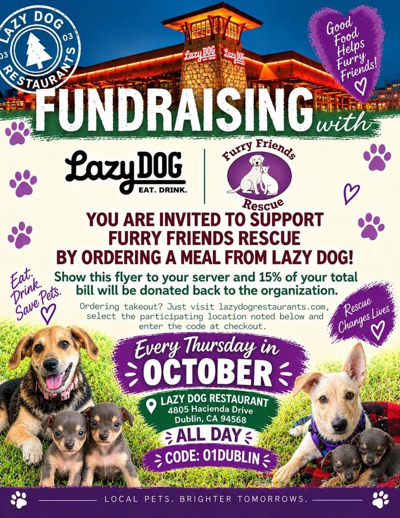 Flyer for the Furry Friends Rescue fundraising event at Lazy Dog Restaurant in Dublin, California, held every Thursday in October."